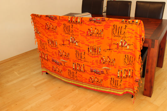 Scarf women ,  orange, with Massai family , Schal, Strandtuch