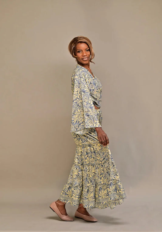 Yellow Blue Silk Two-Piece Set - Long Skirt & Tie Top