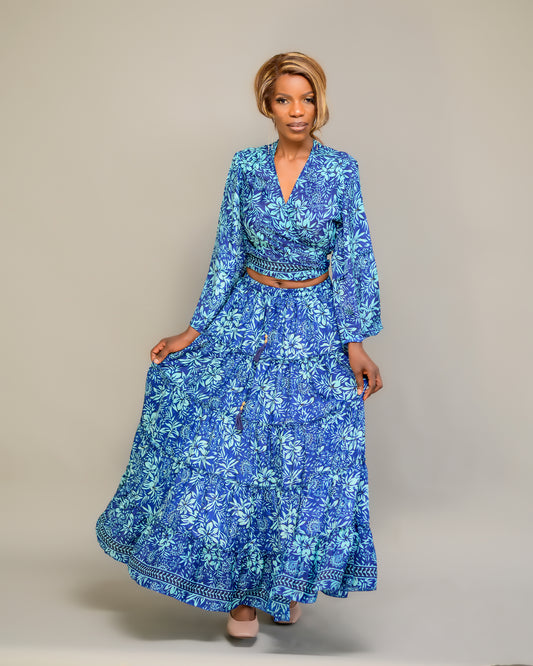 Blue Silk Two-Piece Set - Long Skirt & Tie Top Summer Dress