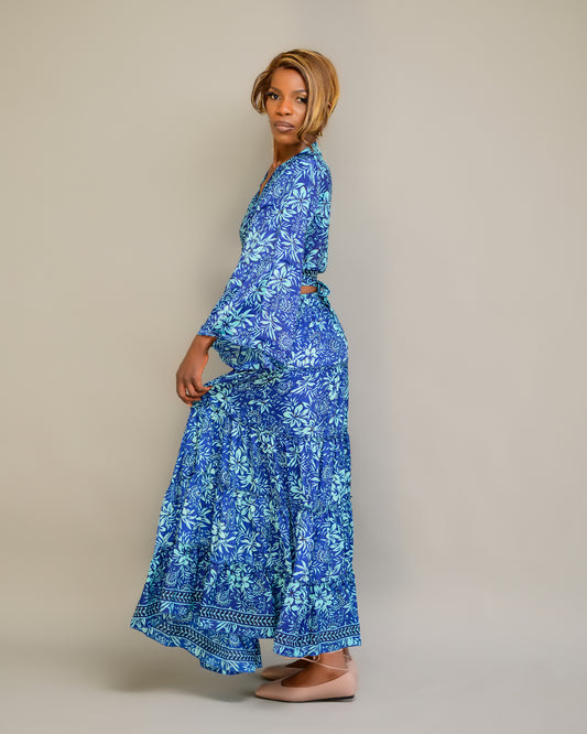 Blue Silk Two-Piece Set - Long Skirt & Tie Top Summer Dress
