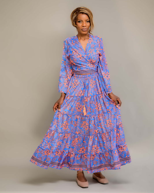 Long skirt with tie top made from silk, blue, orange