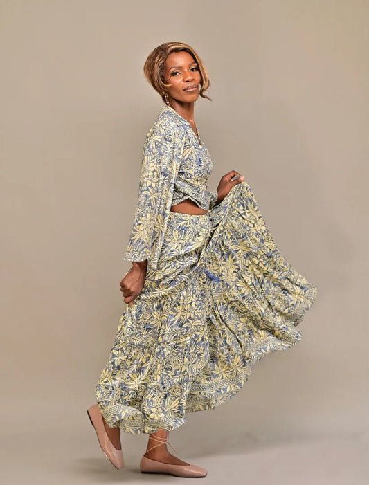 Yellow Blue Silk Two-Piece Set - Long Skirt & Tie Top