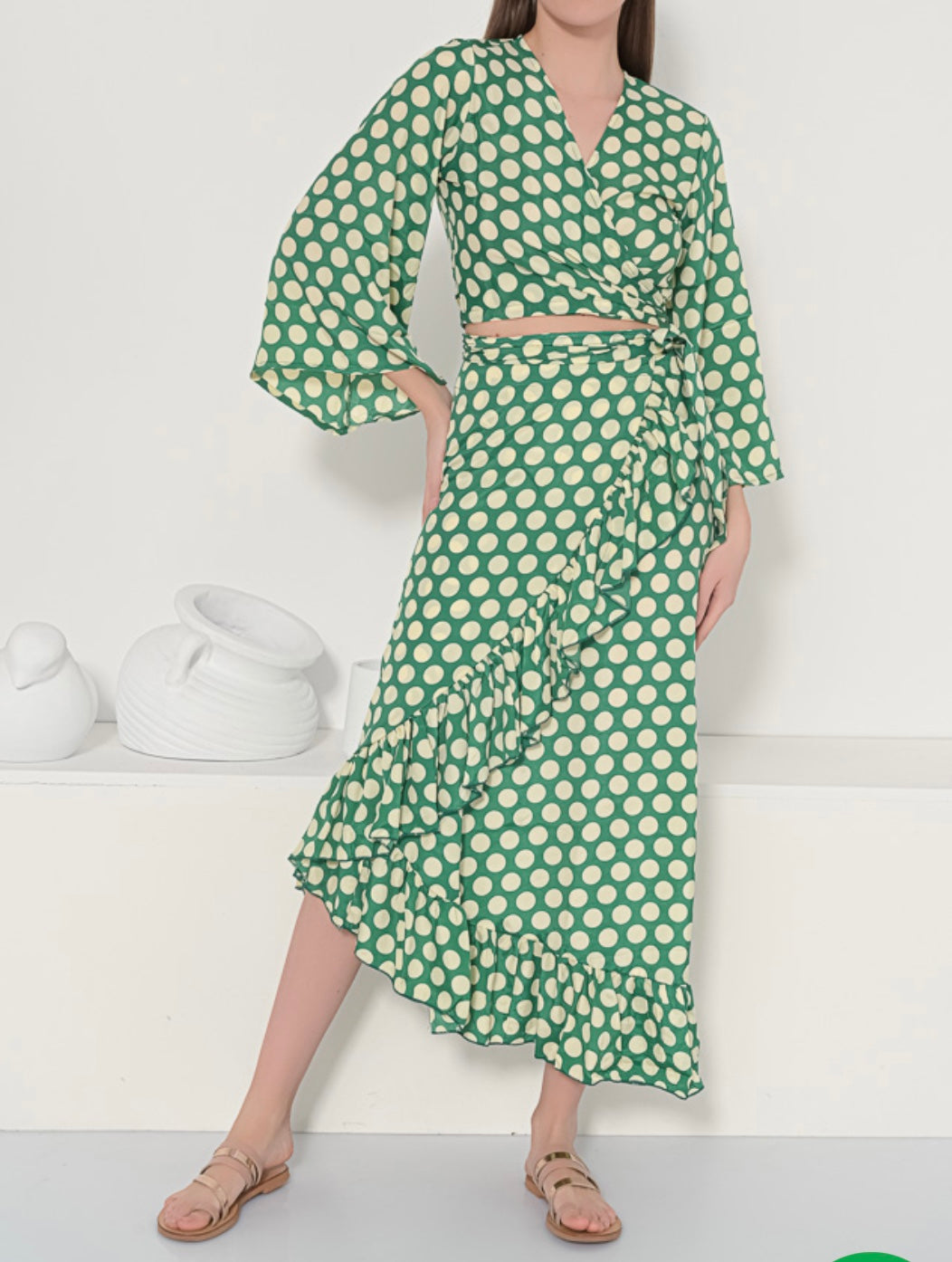 green Wrap Skirt and Tie Top Silk, Summer Dress, Silk Seidenkleid, Summer Partyoutfits