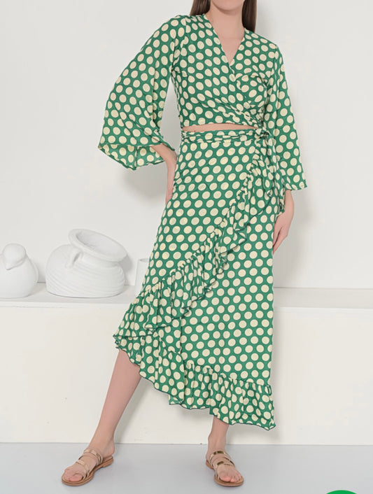 green Wrap Skirt and Tie Top Silk, Summer Dress, Silk Seidenkleid, Summer Partyoutfits