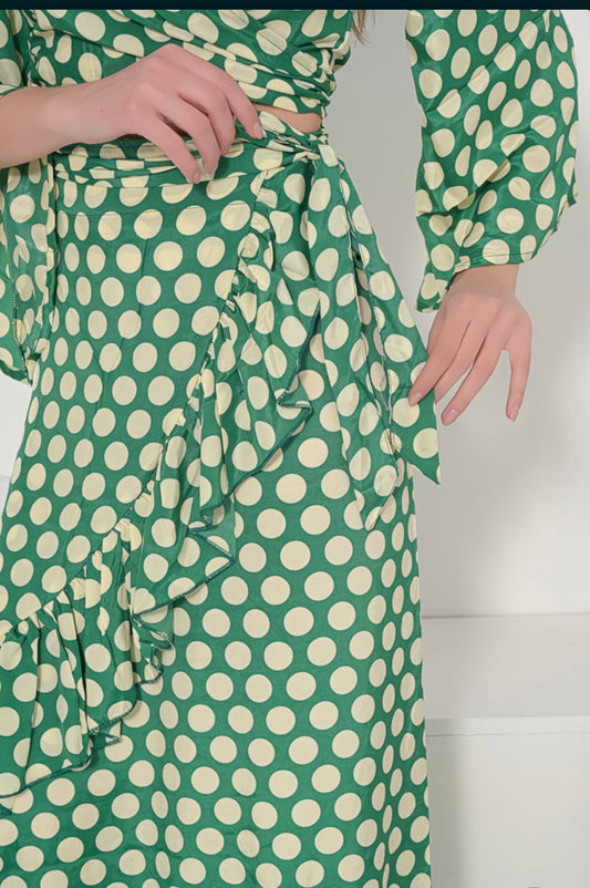 green Wrap Skirt and Tie Top Silk, Summer Dress, Silk Seidenkleid, Summer Partyoutfits