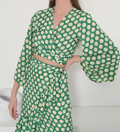 green Wrap Skirt and Tie Top Silk, Summer Dress, Silk Seidenkleid, Summer Partyoutfits