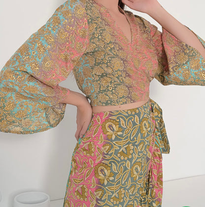 Silk Wrap Skirt Long and Tie Top - Cream Summer Dress by Trendy-Atelier Set