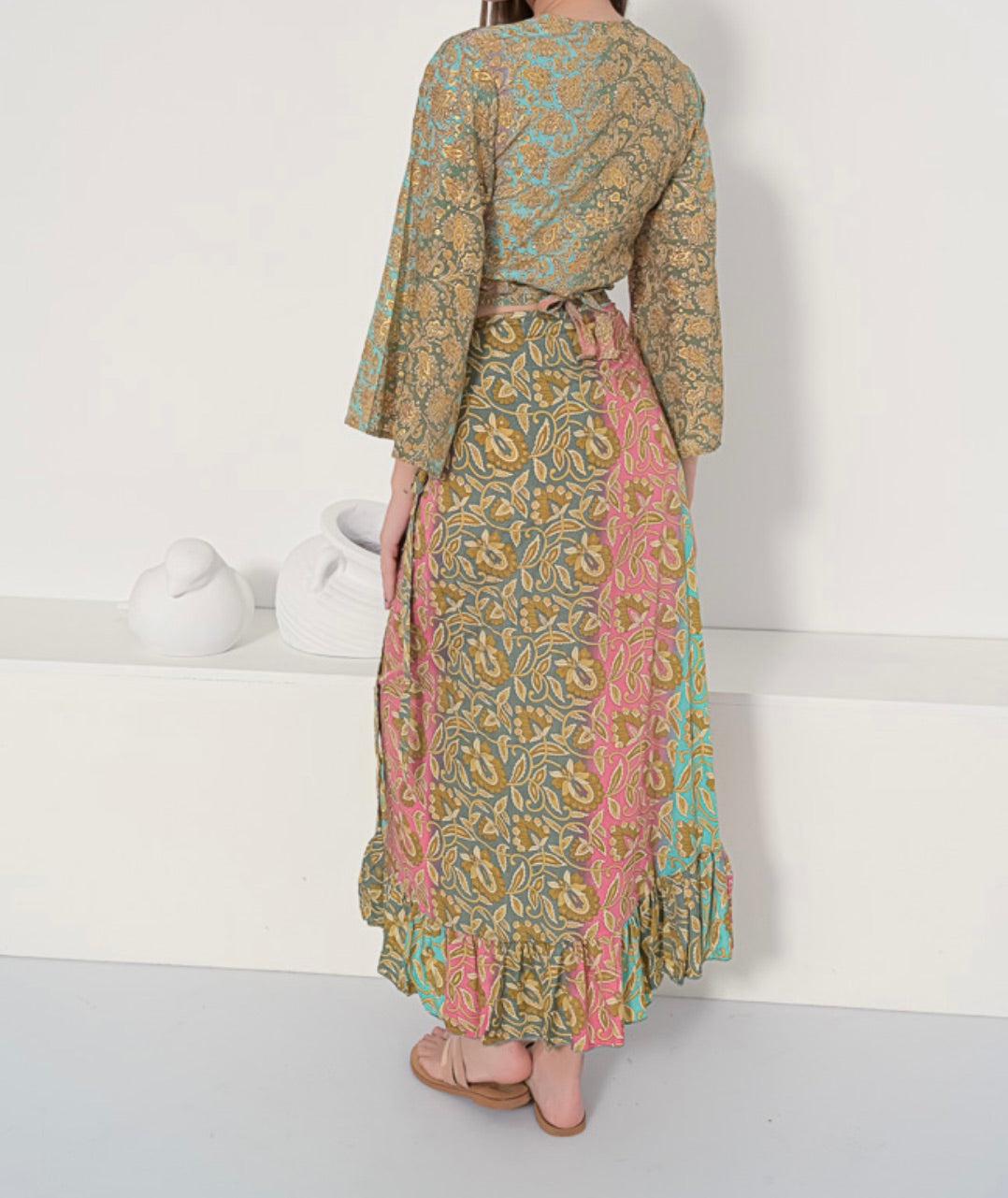 Silk Wrap Skirt Long and Tie Top - Cream Summer Dress by Trendy-Atelier Set