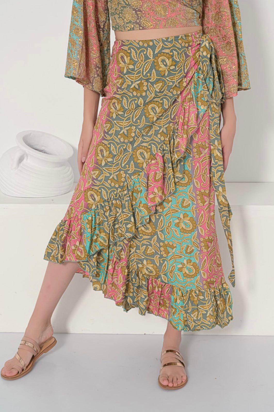 Silk Wrap Skirt Long and Tie Top - Cream Summer Dress by Trendy-Atelier Set
