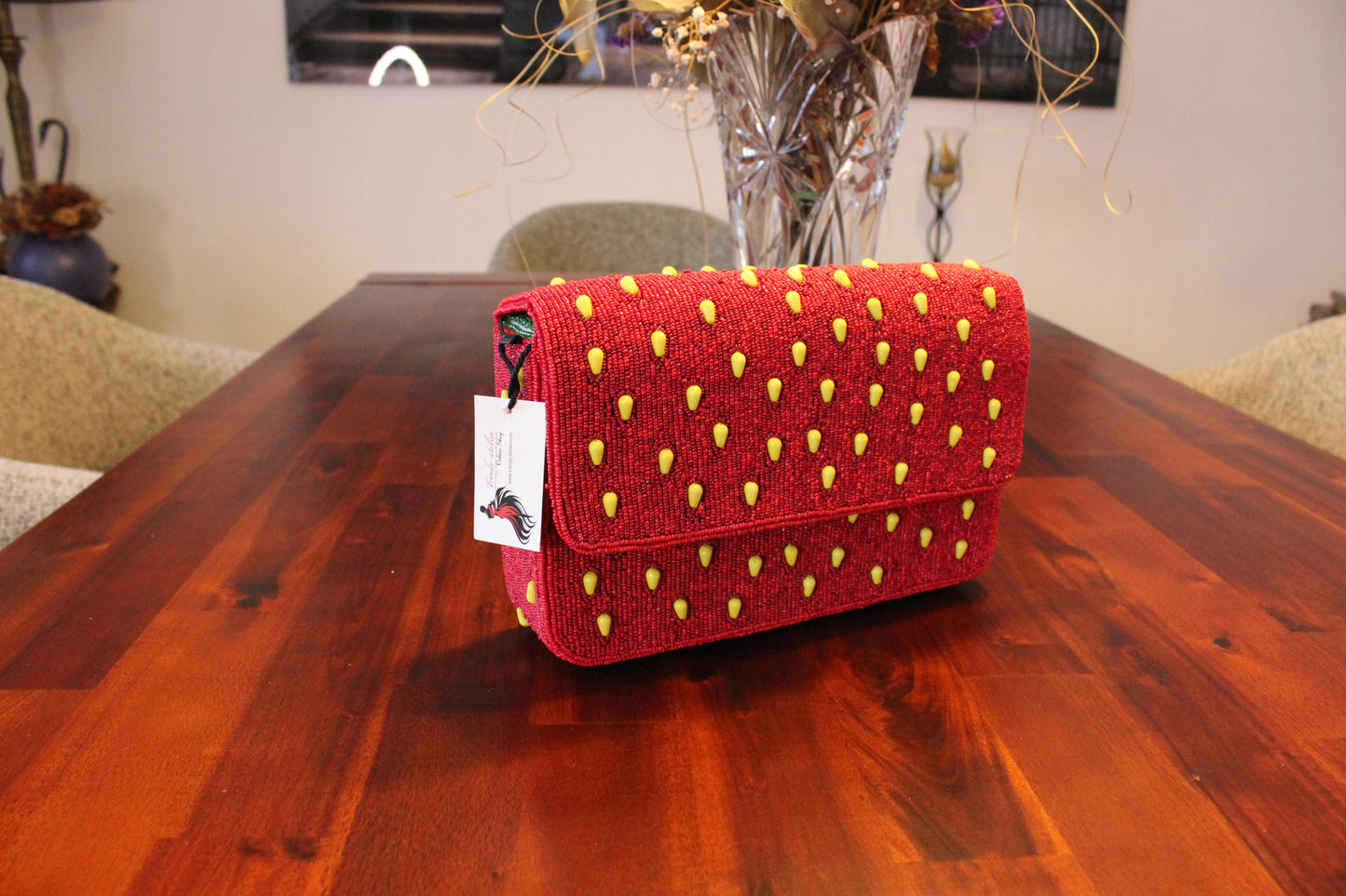 Strawberry Embroidered Shoulder Bag, Luxury Beaded Purse for Women