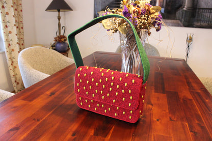 Strawberry Embroidered Shoulder Bag, Luxury Beaded Purse for Women