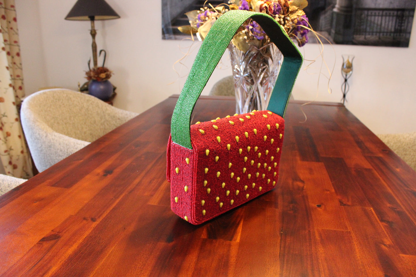 Strawberry Embroidered Shoulder Bag, Luxury Beaded Purse for Women