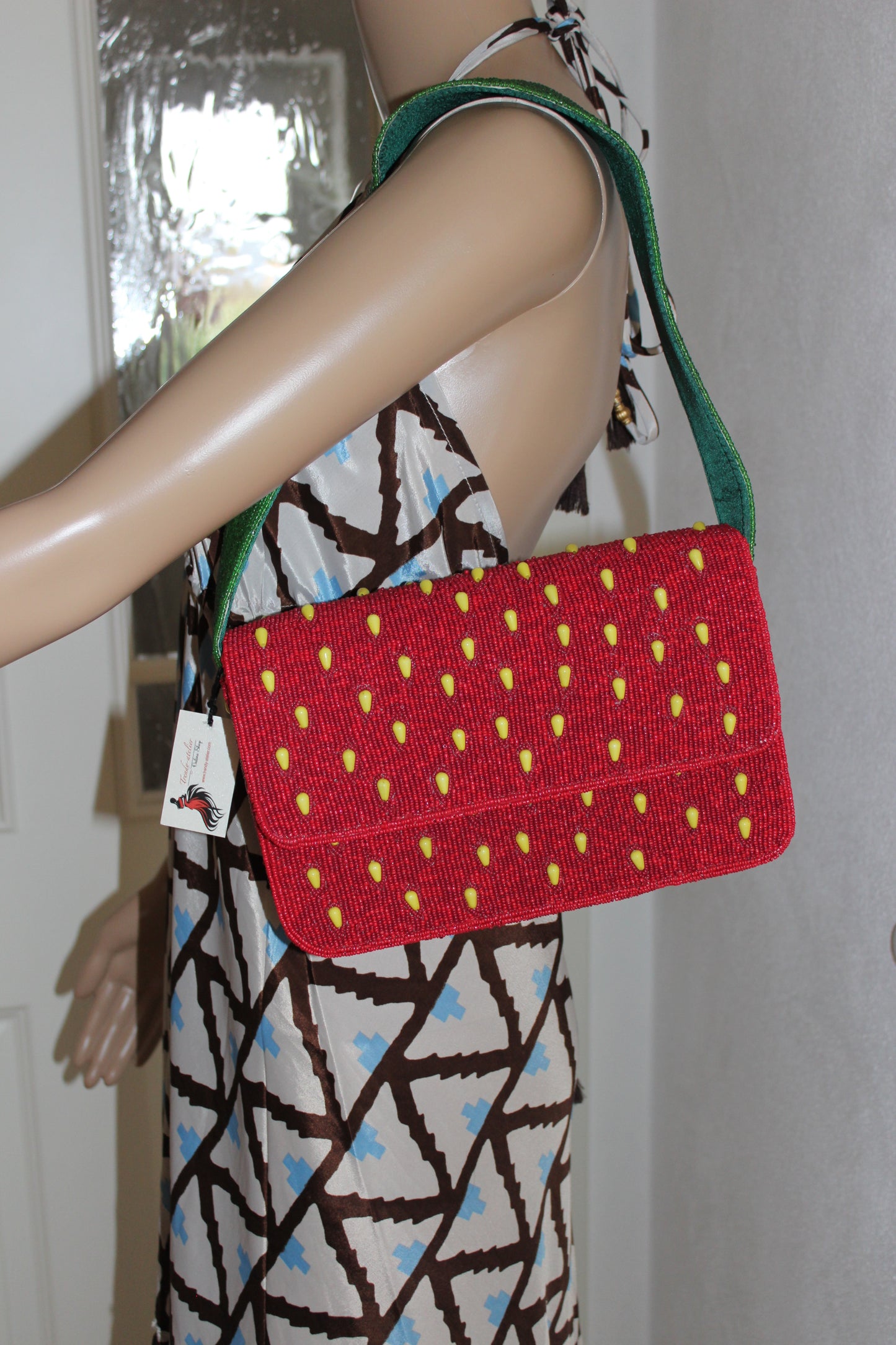 Strawberry Embroidered Shoulder Bag, Luxury Beaded Purse for Women