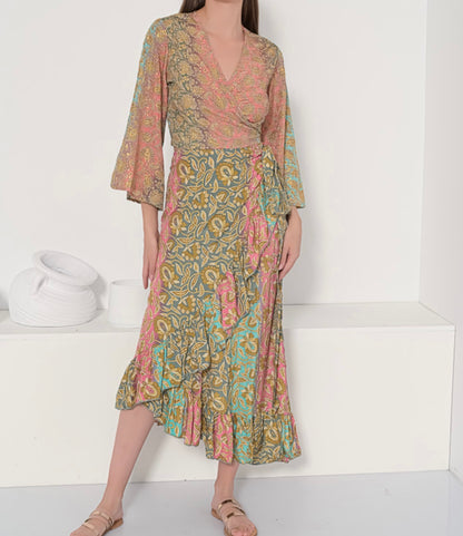 Silk Wrap Skirt Long and Tie Top - Cream Summer Dress by Trendy-Atelier Set