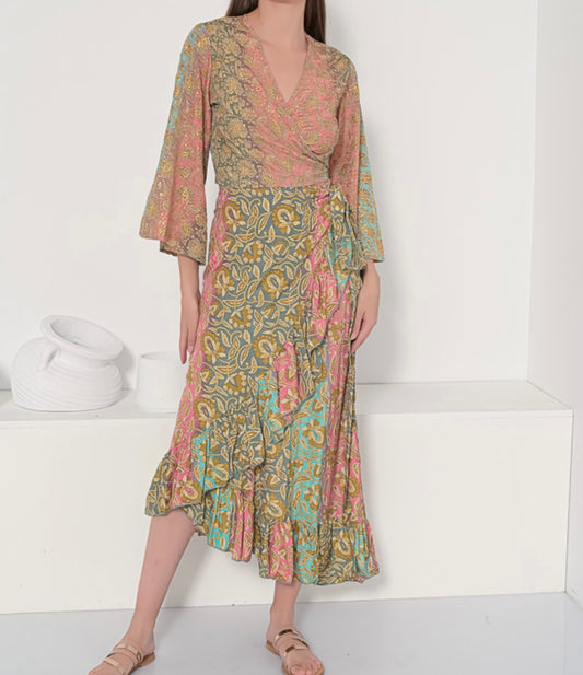 Silk Wrap Skirt Long and Tie Top - Cream Summer Dress by Trendy-Atelier Set