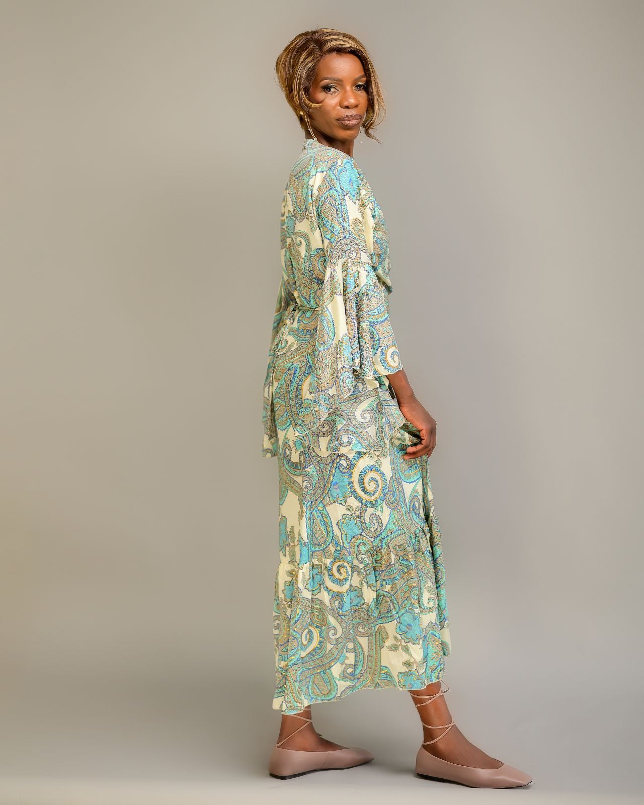 Kimono Bali, Hellblau, Creme, langes Kleid,