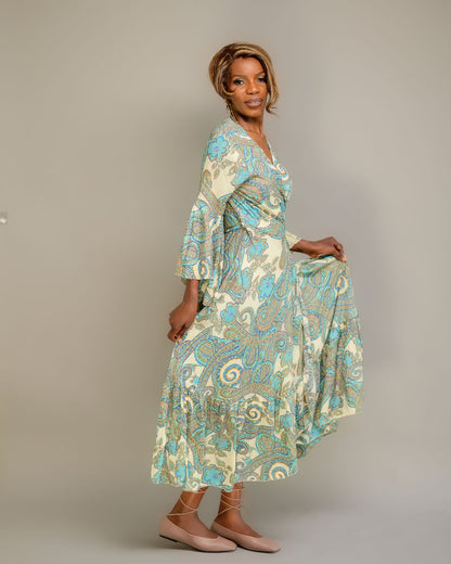 Kimono Bali, Hellblau, Creme, langes Kleid,